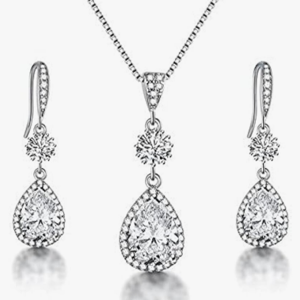 Silver-Tone Teardrop Crystal Necklace and Earrings Set